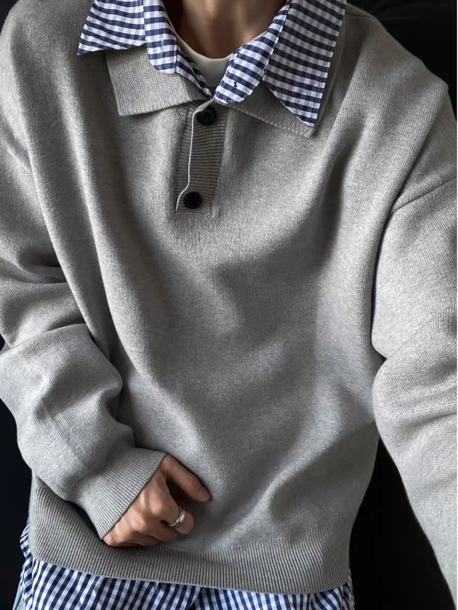 

American Sle Collar Patchwork Knitted irt Fake Two-Piece Casual Loose Simple Match Men's Autumn Winter Design Sense