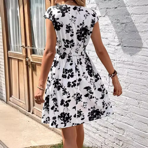 Imagen 2 del producto Vestido estampado con cuello en V a la moda de verano 2025, vestido sin mangas con cintura ceñida con estampado Floral, vestido informal con temperamento para mujer
