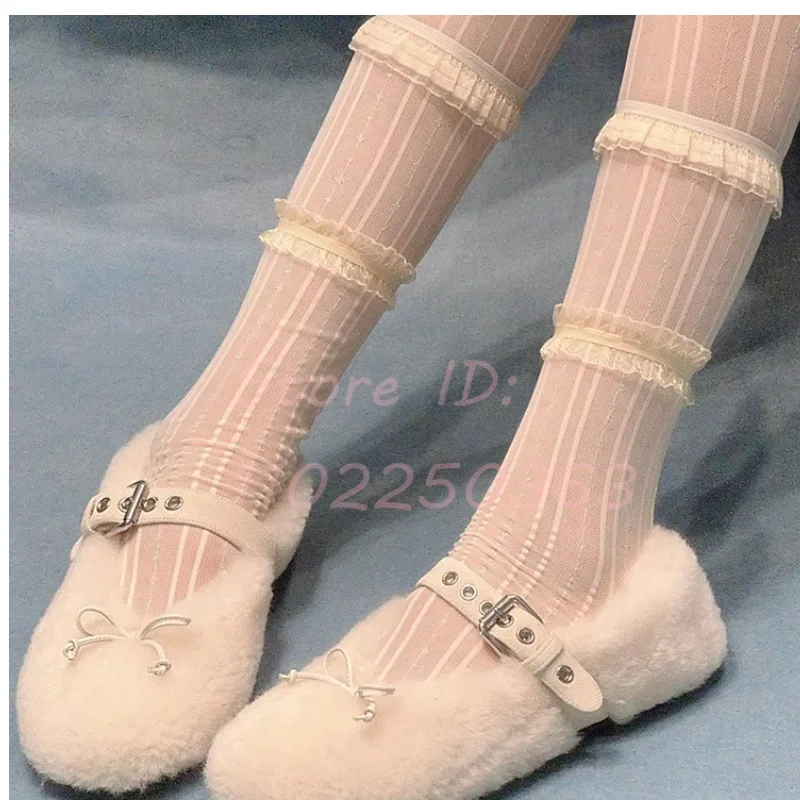 Bowknot Rabbit Fur Ballet Flat Shoes Round Toe Shallow White Women 2024 New Lamb Wool  Belt Buckle Strap Sweet Mary Jane Shoes