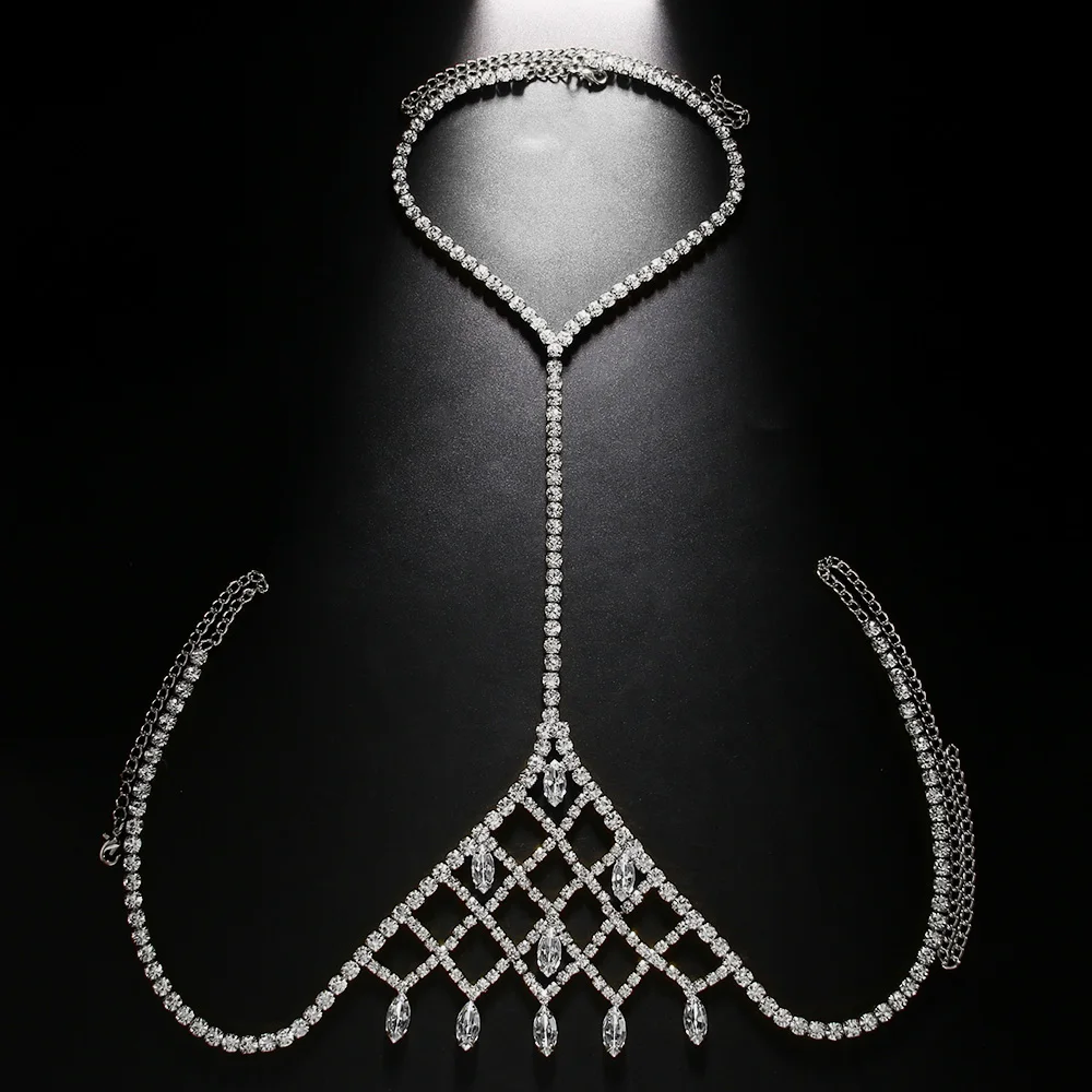 Rhinestone Chest Chain Body Jewelry Necklace Crystal Harness Cosplay Lingerie Bikini Body Accessories Free Shipping Luxury