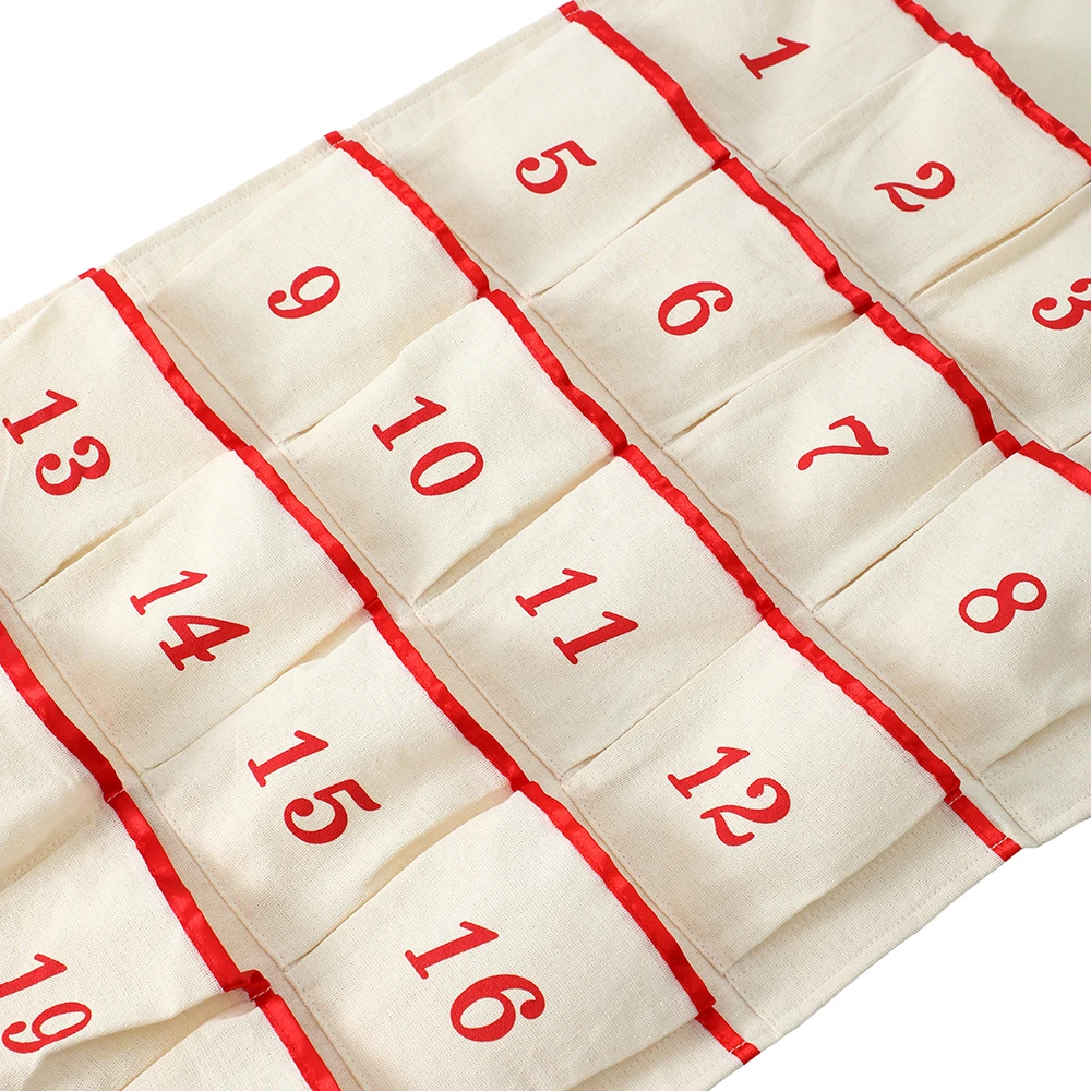 Christmas Advent Calendar Count Down 24 Pockets With Ribbon Trim String And Wooden Rod Screen Printed Number Party Decor