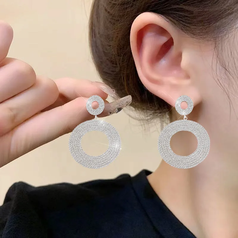 

Fashionable Multi-layer Exaggerated Style Double Round Rhinestone Earrings Bride Ear Accessories