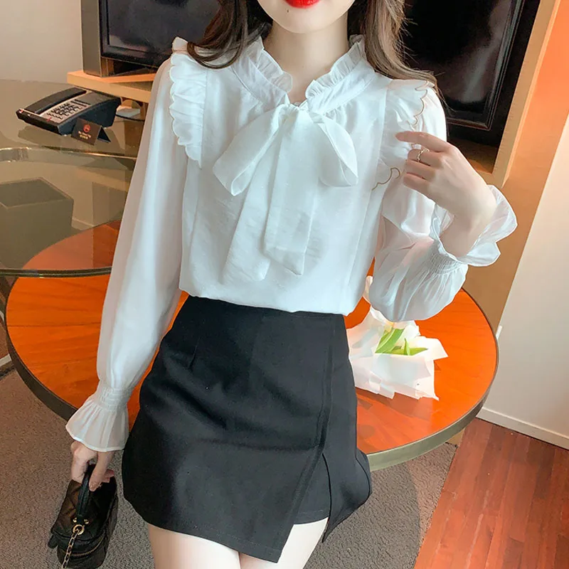 Nieuwe Mode Lange Mouw Ruches Vrouwen Blouse Casual Ruches Wit Chiffon Blouse Shirt Vrouwen Tops Blusas Mujer De Moda 2024 G900