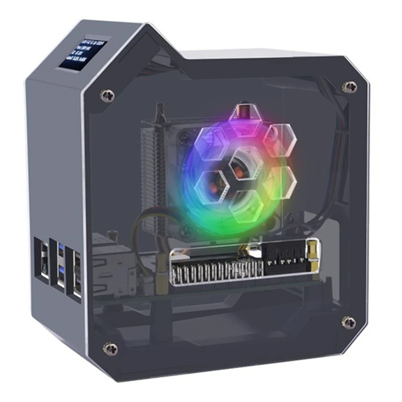 For Raspberry Pi 5 Tower Fan Kit Case Copper Tube Ice Tower Fan PWM JST 4Pin Port RGB LED With 0.96Inch OLED Dispaly