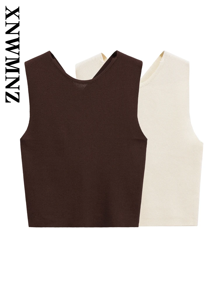 

XNWMNZ 2025 Summer New Woman's Chic Casual O-Collar Sleeveless Backless Knit Vest Fashion Simple Lady Top
