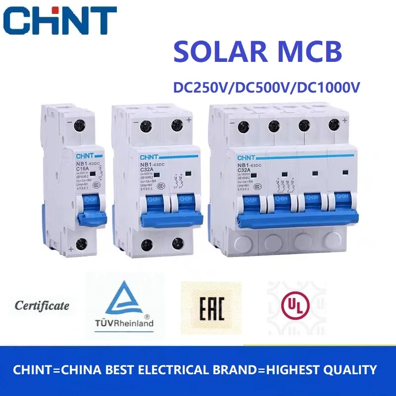 CHINT DC500V DC1000V NB1-63DC DC MCB With Shunt Release Solar Energy Photovoltaic Mini Circuit Breaker 1P 2P 4P DC250V NB1 S9