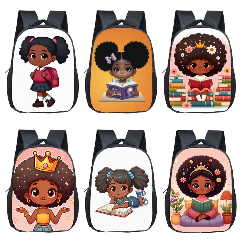 African Girls School Bags com Flores e Coroa, Cartoon Book Backpack, Kindergarten Bookbag, Mochilas Pequenas, Preto, Presente