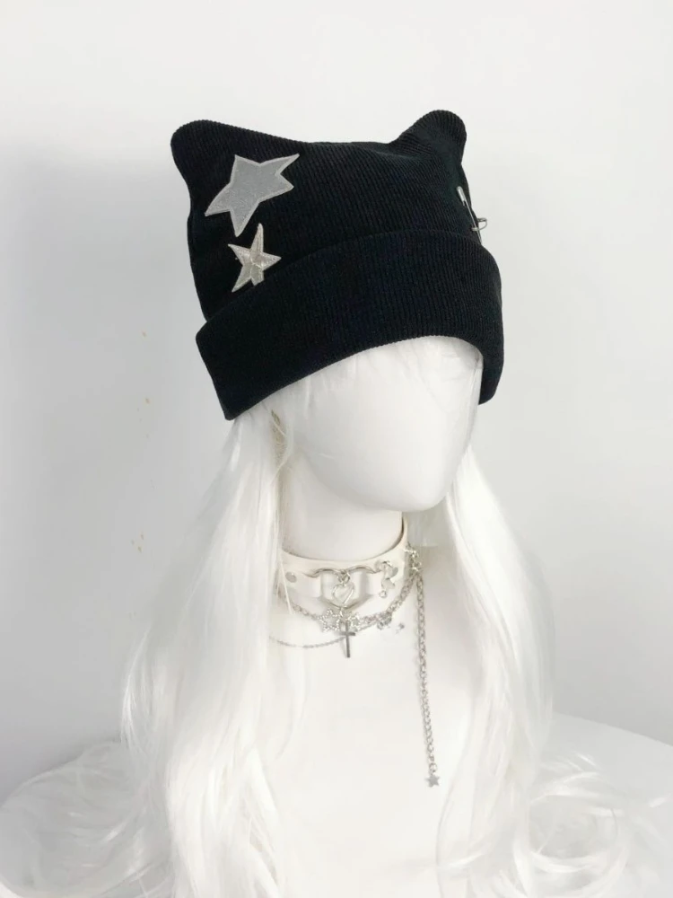 Y2k Aesthetic Knitted Kawaii Cute Cat Ears Hat Autumn Winter Sweet Star Warm Bucket Hats Harajuku Vintage Cap Japanese All Match image 2
