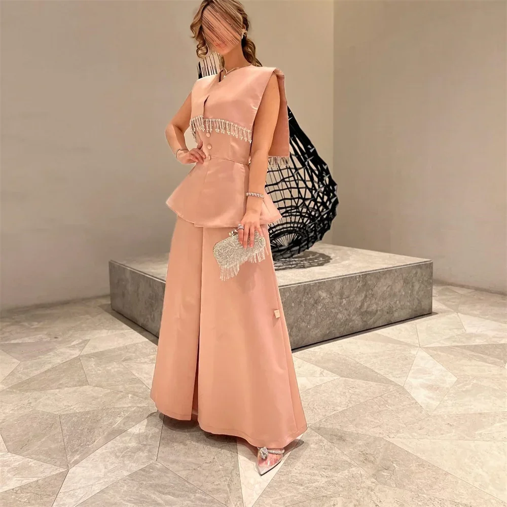 

2023 Pink V-neck A Line Mother Of Bride Dresses Luxury Satin Formal Occasion Wedding Party Gown audi Arabia Women's Prom Dresses