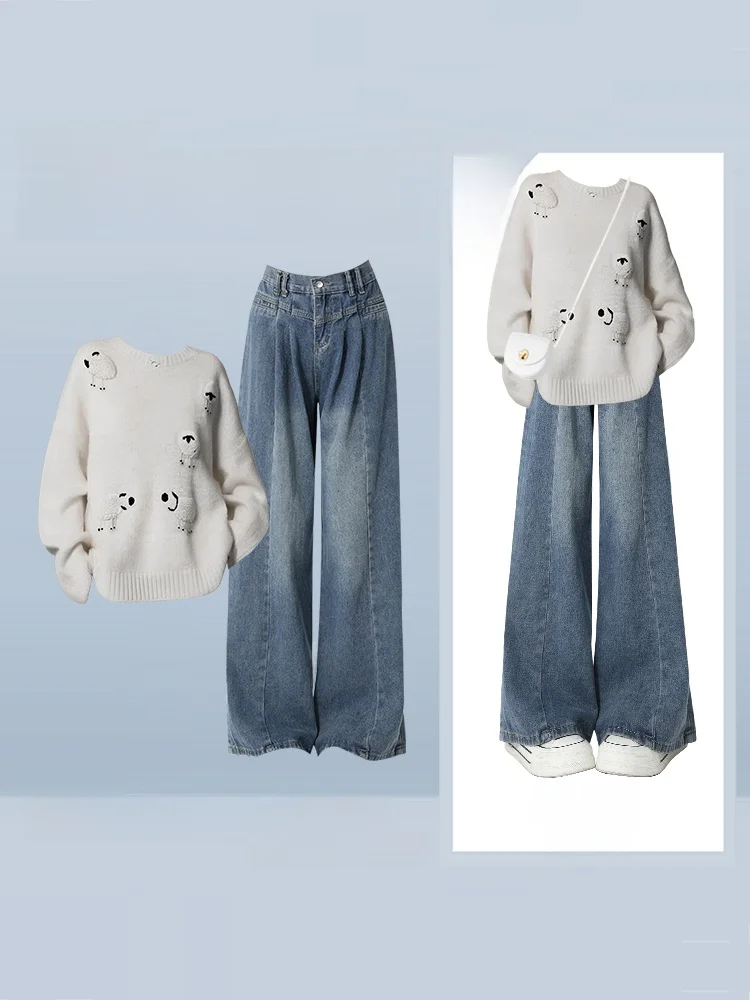 

Осень Зима Ленивый Sle Молочно-Белый вязаный свитер Женские свободные широкие джинсы Комплект из двух предметов Мягкий уютный круглый Ne Long Sve