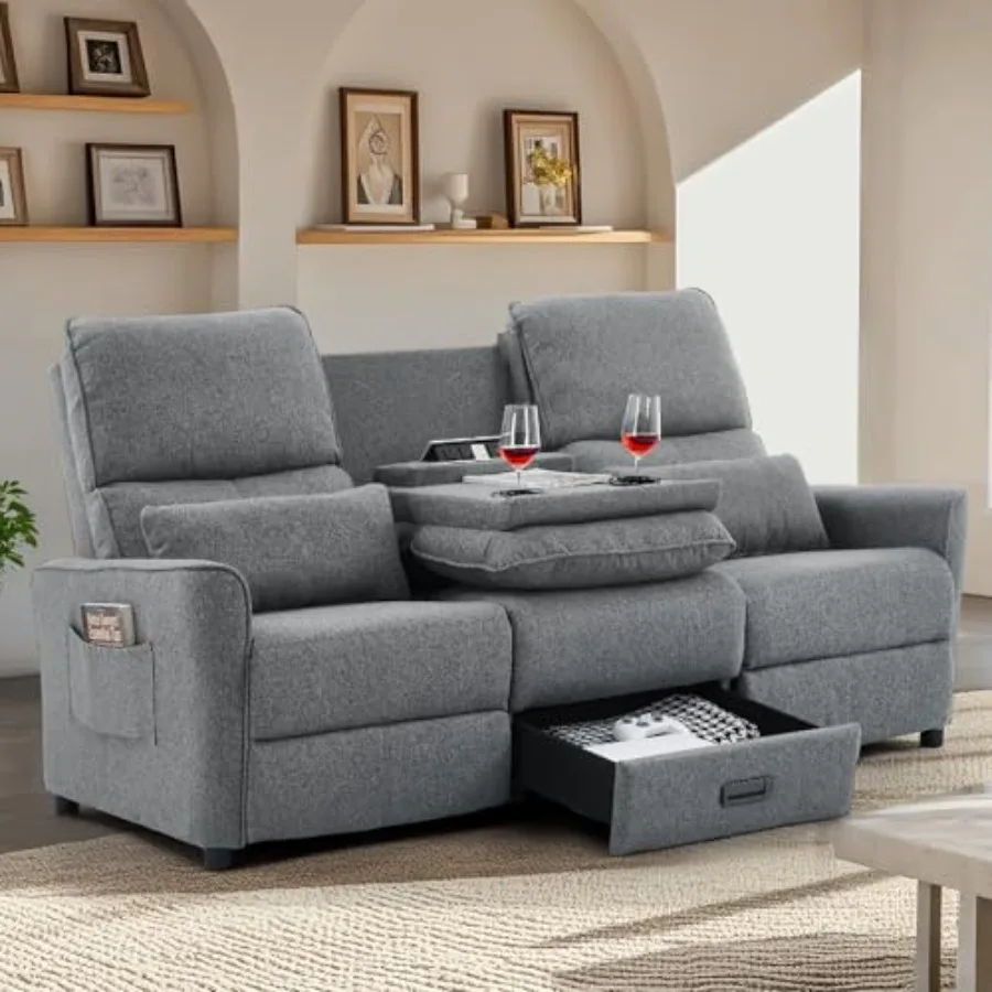 

74" RV 3 Seater Recliner Sofa, Reclining Couch with Flip Backrest and Drawer, Manual Recliner Sofa with USB Ports AC Sockets an