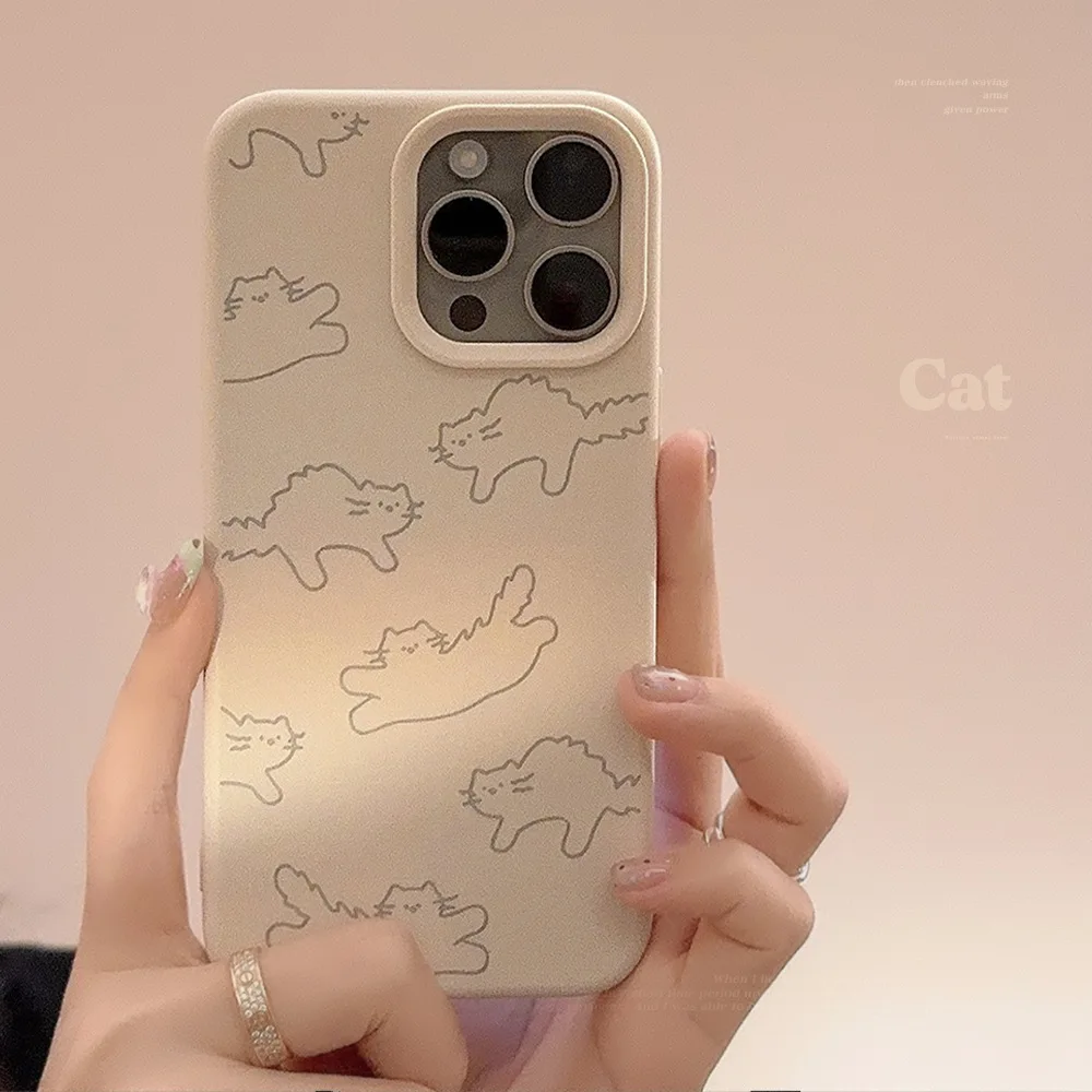 Koreanische Cartoon Linie Zeichnung Kätzchen Muster Weiche Telefon Fall Für iPhone 17 16 Plus 15 14 13 12 Pro max Stoßfest Schutzhülle