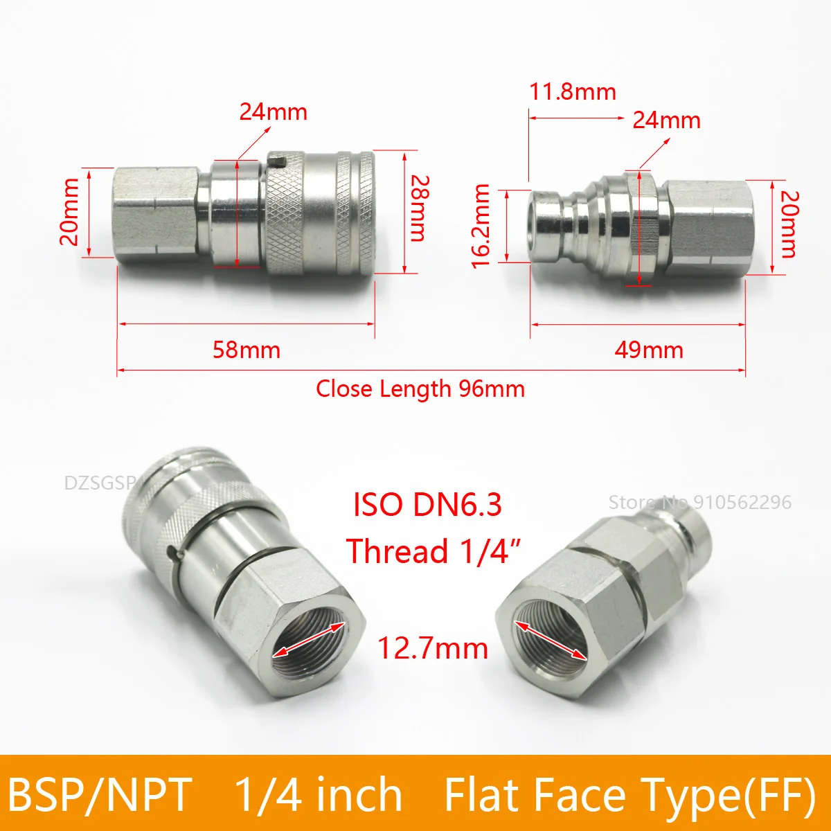 BSP 1/4 3/8 1/2 3/4 1 flat face type hydraulic quick coupling quick couple socket with valve plug with valve