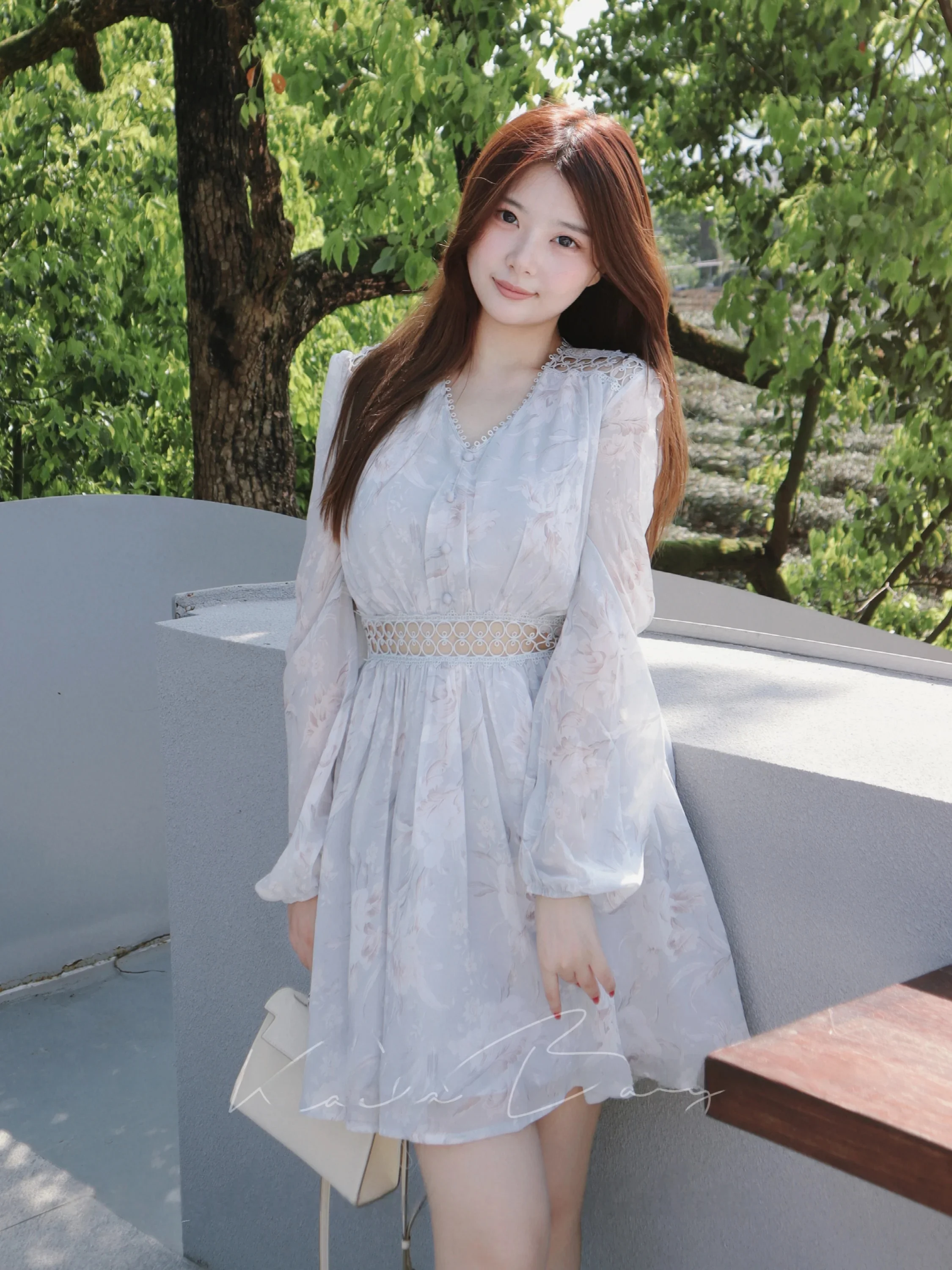 

Chinese Style Blue Bauhinia Printed Hollow out Waist Shaping Fairy Skirt Long Sleeve V-Neck A-Line Dress UV Protection