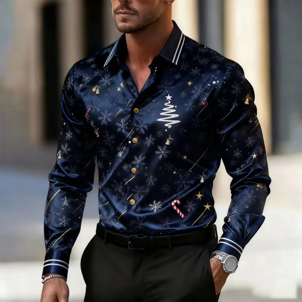 قميص كاجوال رجالي جديد لعيد الميلاد لعام 2025، قميص بياقة بأكمام طويلة، مناسب لحفلات الزفاف والحفلات، عصري وعصري