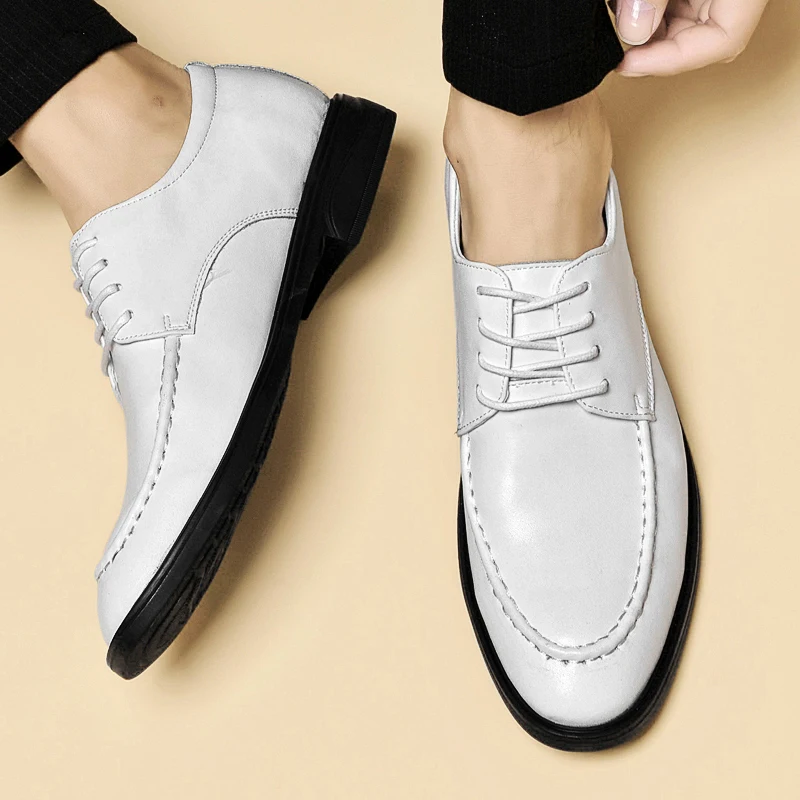 

Classic Men's White Comfortable Lace Up Soft Soled Leather Shoes Fashion Brand Spring Pointed Breathable Business Leather Shoes