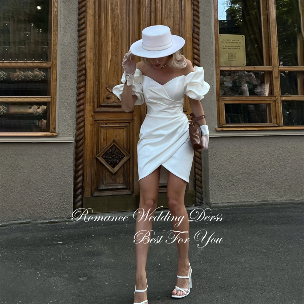エレガントなプリーツショートシースウェディングドレス女性2025パフスリーブスプリットVネックオープンバックブライダルガウンベスティドスデノビアカスタマイズ