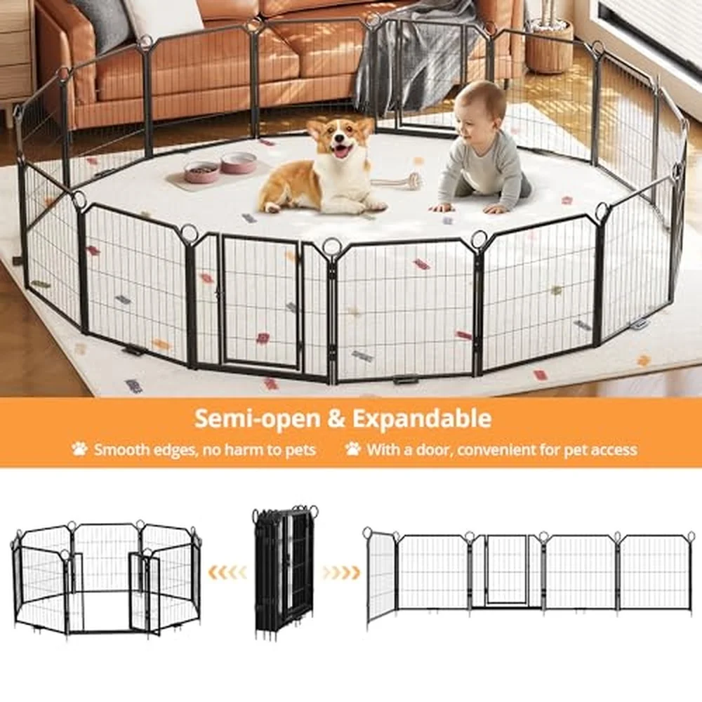 Heavy Duty32 Inch Metal Dog Playpen Fence with Secure Door – 16 Panel Portable Pet Exercise Enclosure – Rust Resistant