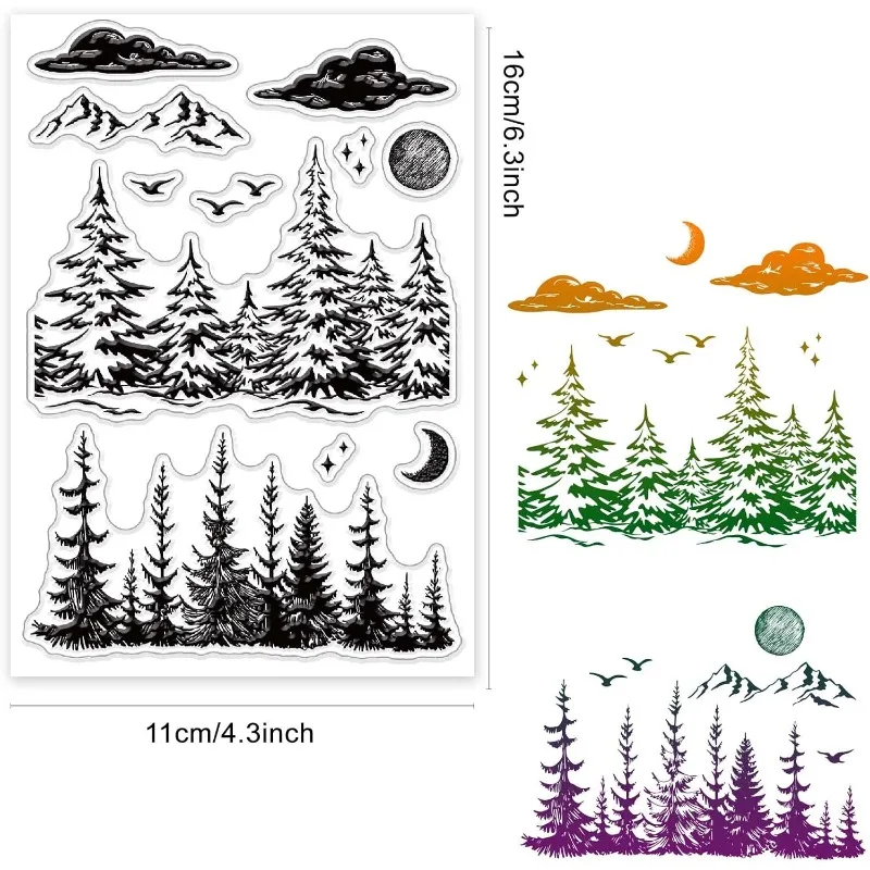 1pc Forest Clear Stamps Forest Sun Moon Cloud Trees Transparent Silicone Stamp Rubber Stamp for Scrapbooking4.3 x 6.3 x 0.1 Inch