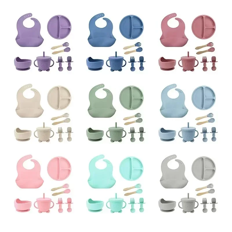 New Silicone Baby Feeding Set Suction Plate Bowl Waterproof Bib Sippy Cup Silicone Spoon Fork Children's Tableware