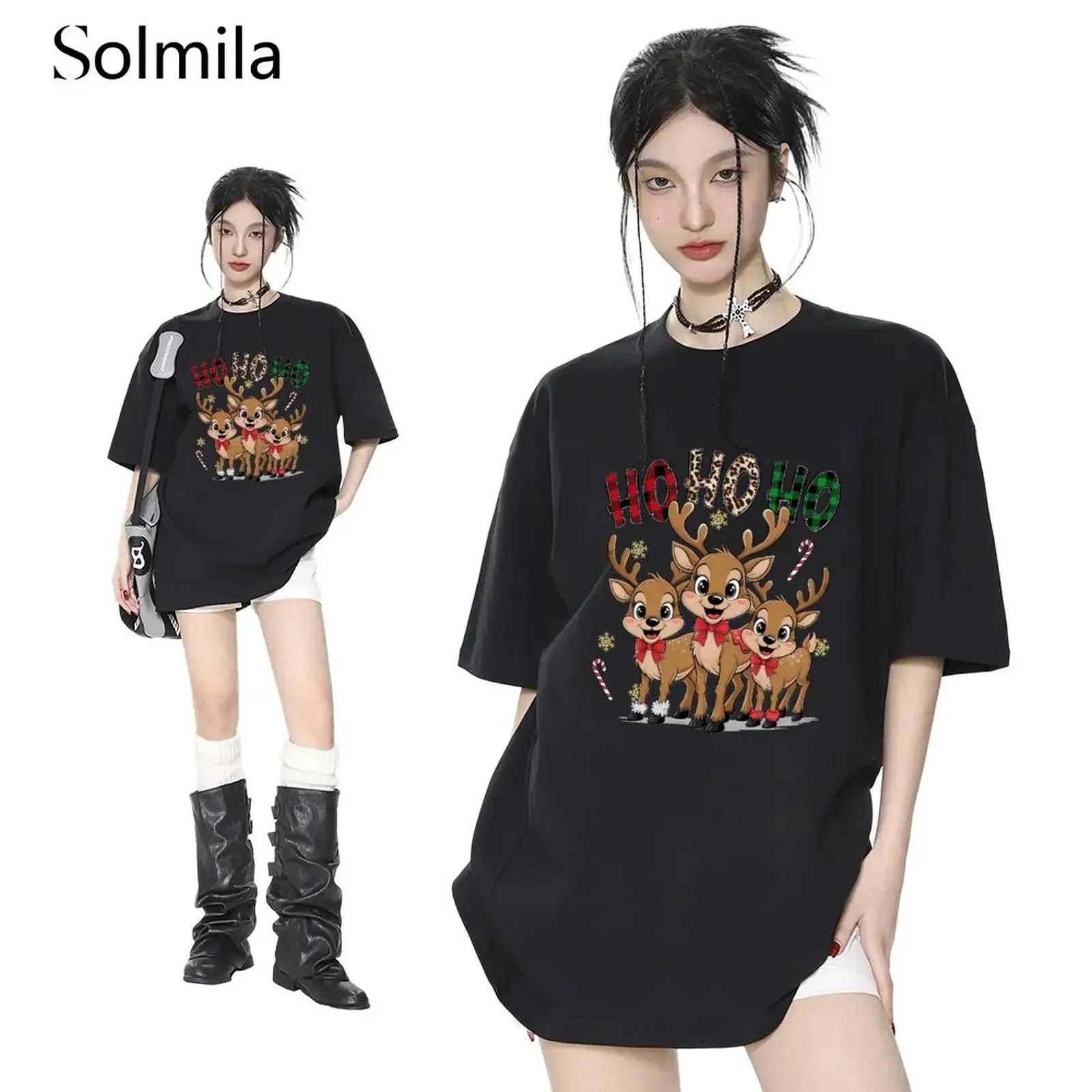 

Women Quick Drying Causal Comfortable Short Sleeve Printed Christmas Reindeer T-Shirt Woman Clothes O-neck Tee T Shirt
