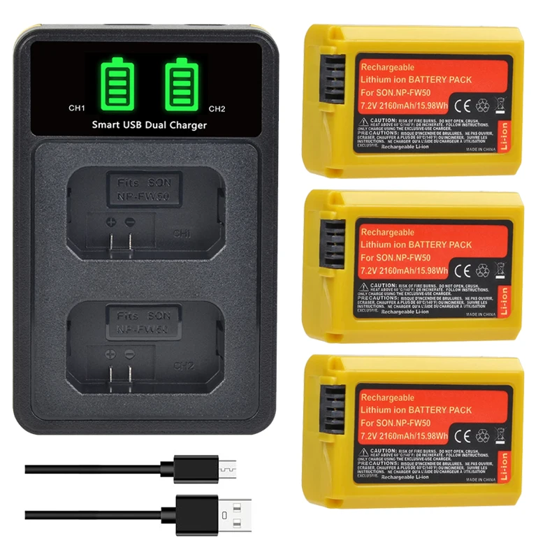 2160mAh NP-FW50 NP FW50 Battery +LED Charger with Built-in USB Cable&Type C Port For Sony A6000 A5000 NEX-3 7 5N F3 Alpha 7R II