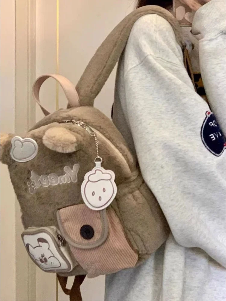 Sac à dos de poche ours moelleux de dessin animé pour femmes, mode coréenne, petit sac d'école en peluche mignon, style preppy pour filles, mini sacs de voyage