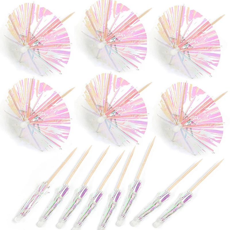 10pcs Drink Cocktail Laser Umbrellas Toothpick Hawaiian Party Decor Mini Sticks Cupcake Topper Wood Toothpicks Parties Supply