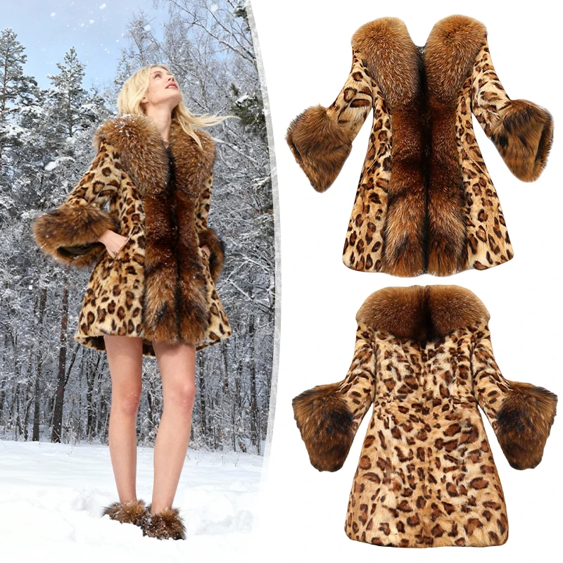 2025 nova jaqueta de pele de imitação gola de pele do falso clássico leopardo casaco de comprimento médio maré jaquetas casaco de moda de inverno para mulher