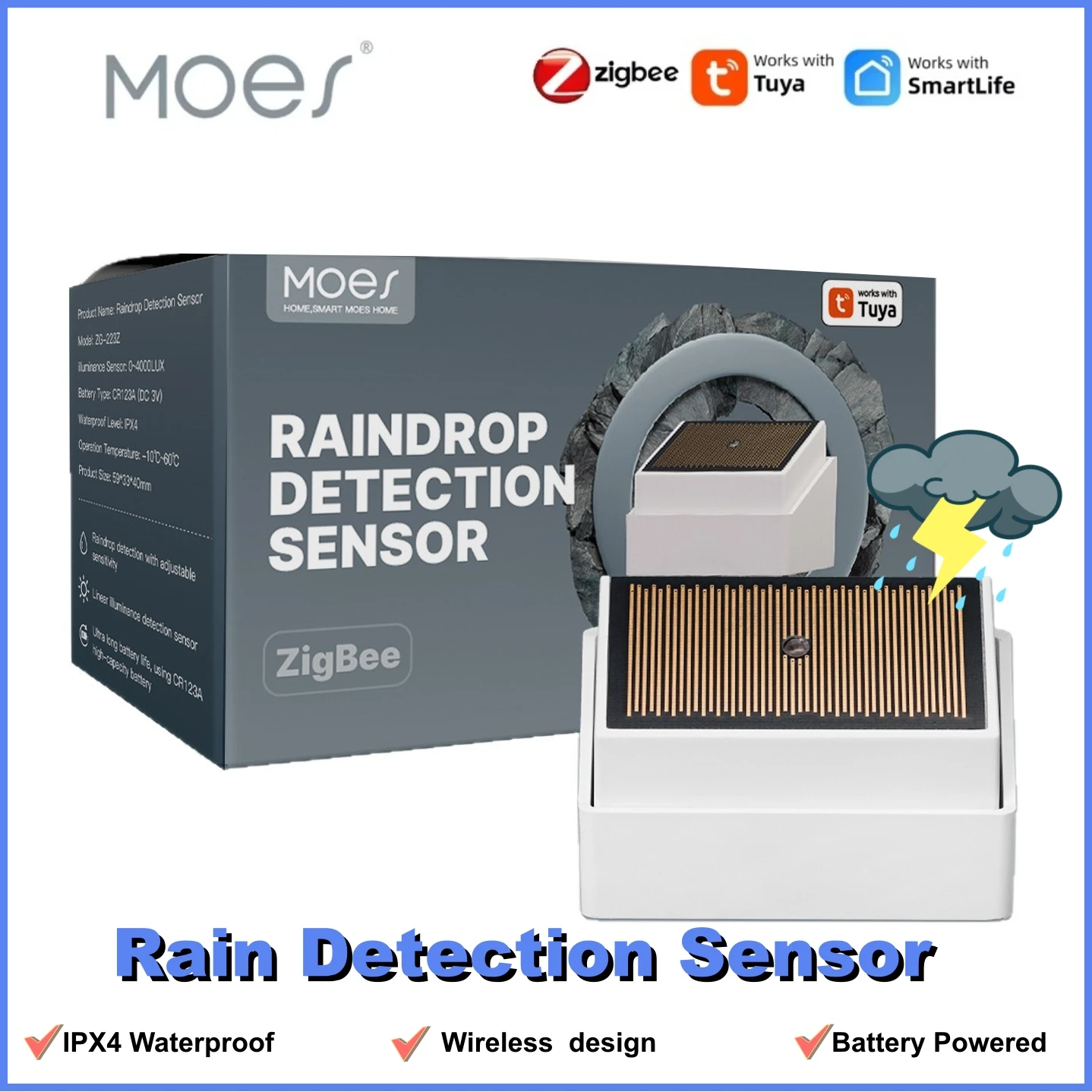 MOES Tuya ZigBee Smart Rain Detection Sensor Water Leakage Flood Detector Wireless IPX4 Waterproof Outdoor Use Battery Powered