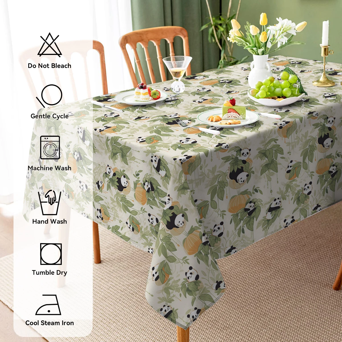 Panda Cartoon Branch Lantern Waterproof Rectangular Polyester Tablecloth Decoration Table Cloth for Kitchen Home Decor