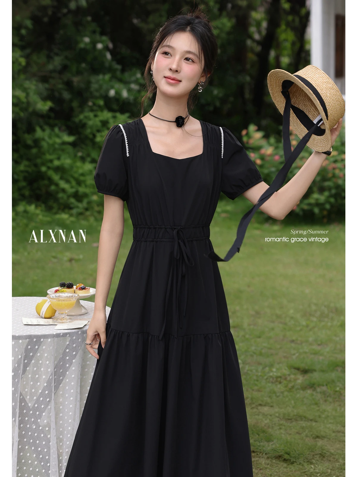 ALXNAN Schwarzes Kleid für Damen, lang, quadratischer Ausschnitt, Puffärmel, Perlen-Design, Kleid, 2025, Sommer, lässig, Party, Kurzarm, Kleidung, L56096