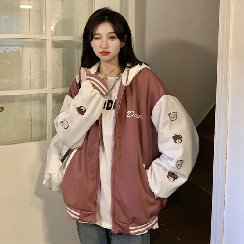 HOUZHOU Japanese Y2k Baseball Jacket Women Kawaii Oversized Korean Fashion Cute College Bomber Jackets Zipper Hooded Harajuku