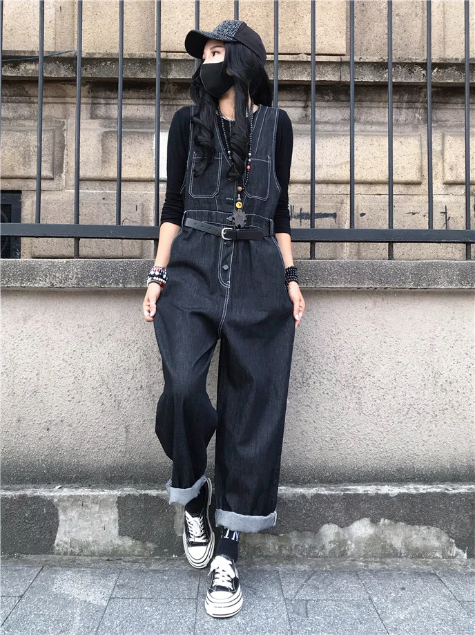 Kombinezon z wysokim stanem, proste nogawki, plus size, luźny krój, koreański styl, wyszczuplający, nowość na jesień.