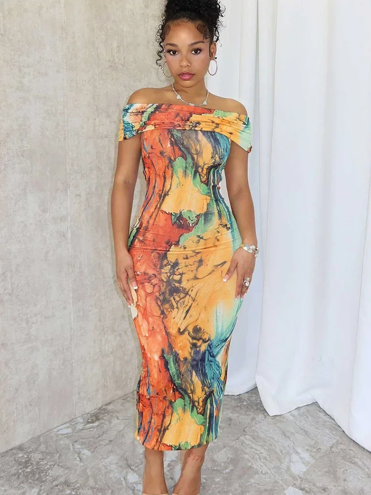 女性のミドル丈ドレス,タイダイ,プリント,肌に密着,裸の肩,スラッシュカラー,スリムフィット,イブニングドレス,バケーションドレス,装飾