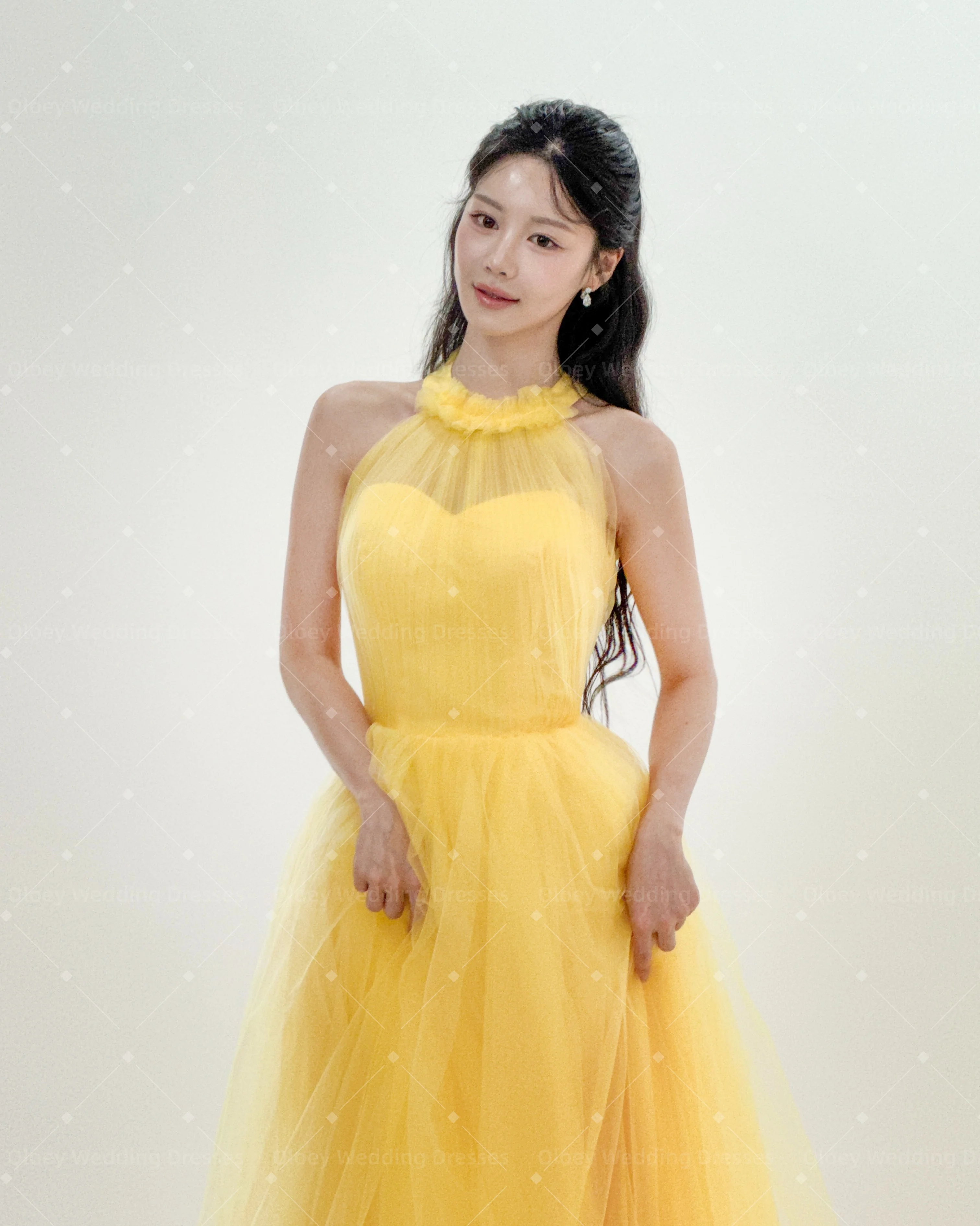 OLOEY 2026 O Neck Yellow Evening Dress Korea Wedding Dress Photo Shoot Fairy Tulle A line Long Corset Bridal Party Customized