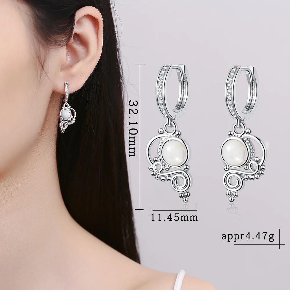 

S925 Sterling Silver Drop Earrings for Women Black White Shell Vintage Jewelry Wedding Engagement Hoop Earrings Gifts