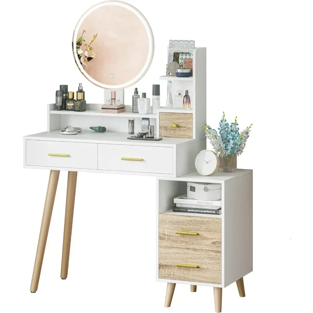 Mirror with Lights  3 Color Touch Screen Dimming Mirror, Makeup Dressing Table with Drawers, Storage Shelves and Cabinet Drawer