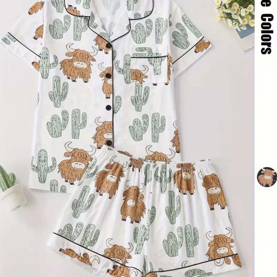 

White Women Pajama Set Valentine's Day Themed with Cow and the Cactus Print Lapel short-sleeved shirt and Shorts Pants Home Wear