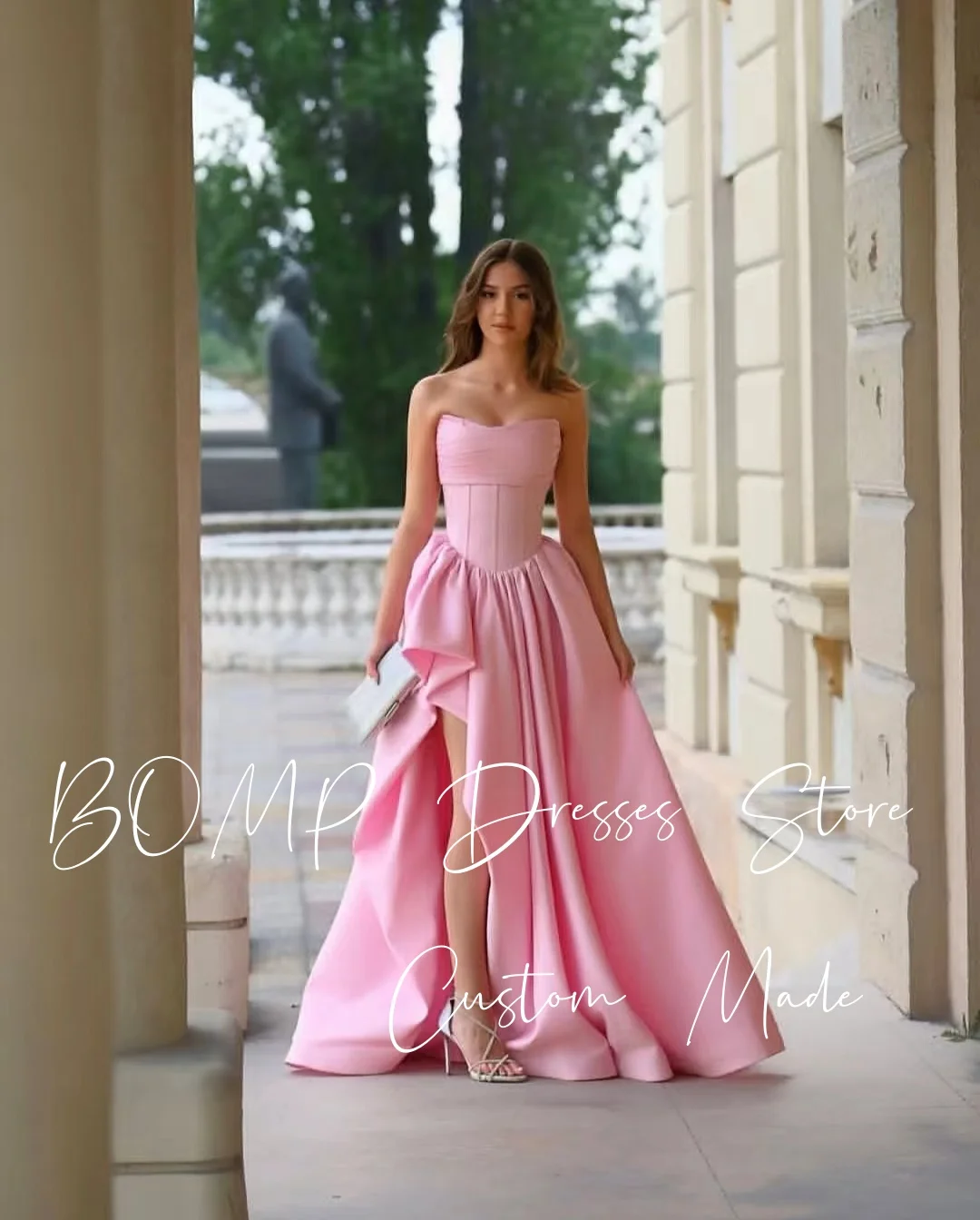 BOMP princesse rose robe de soirée de mariage sans bretelles plissé Hi-Lo longueur de plancher drapée en taffetas de soie robe de soirée personnalisée élégante