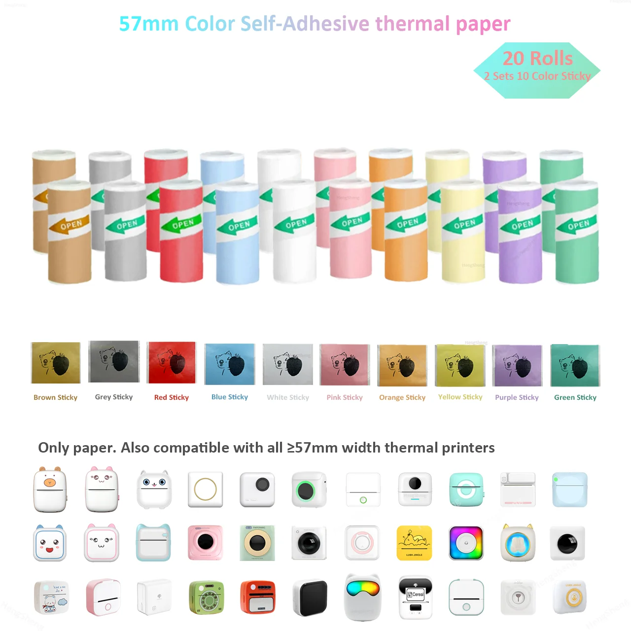 

Mini 57x25mm Thermal Label Roll - 10-Colors BPA-Free, DIY/Photo Printer/School Project Adhesive Paper