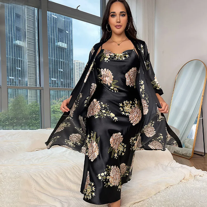 Oversize Female Long Kimono Bathrobe Gown Summer Satin Robe Nightgown Set Sleepwear Loose Print Flower Home Dress Lounge Wear