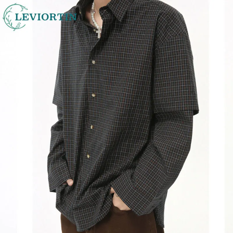 Men's 2024 Autumn Checkered Fake Two Piece Collar Shirt Casual Chic Loose Vintage High Street All-match Button Down Shirts