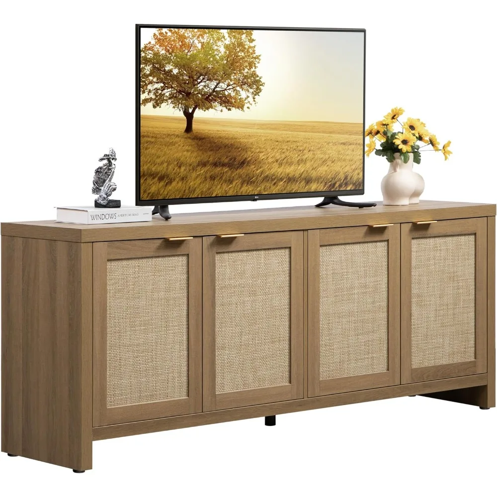 

Rattan TV Stand for Living Room - Farmhouse Entertainment Center with 4 Rattan Cabinets - Rustic Storage Console for TV up to 65