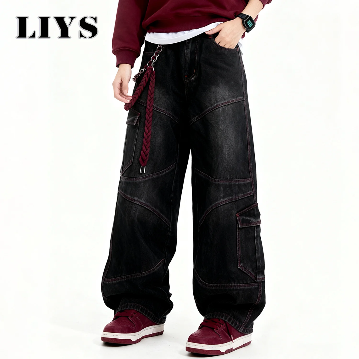 Men's American Street Retro Deconstruction Loose Wide Leg Jeans Unisex Baggy Men's Clothes Multi Pocket Skateboard Pants Jeans