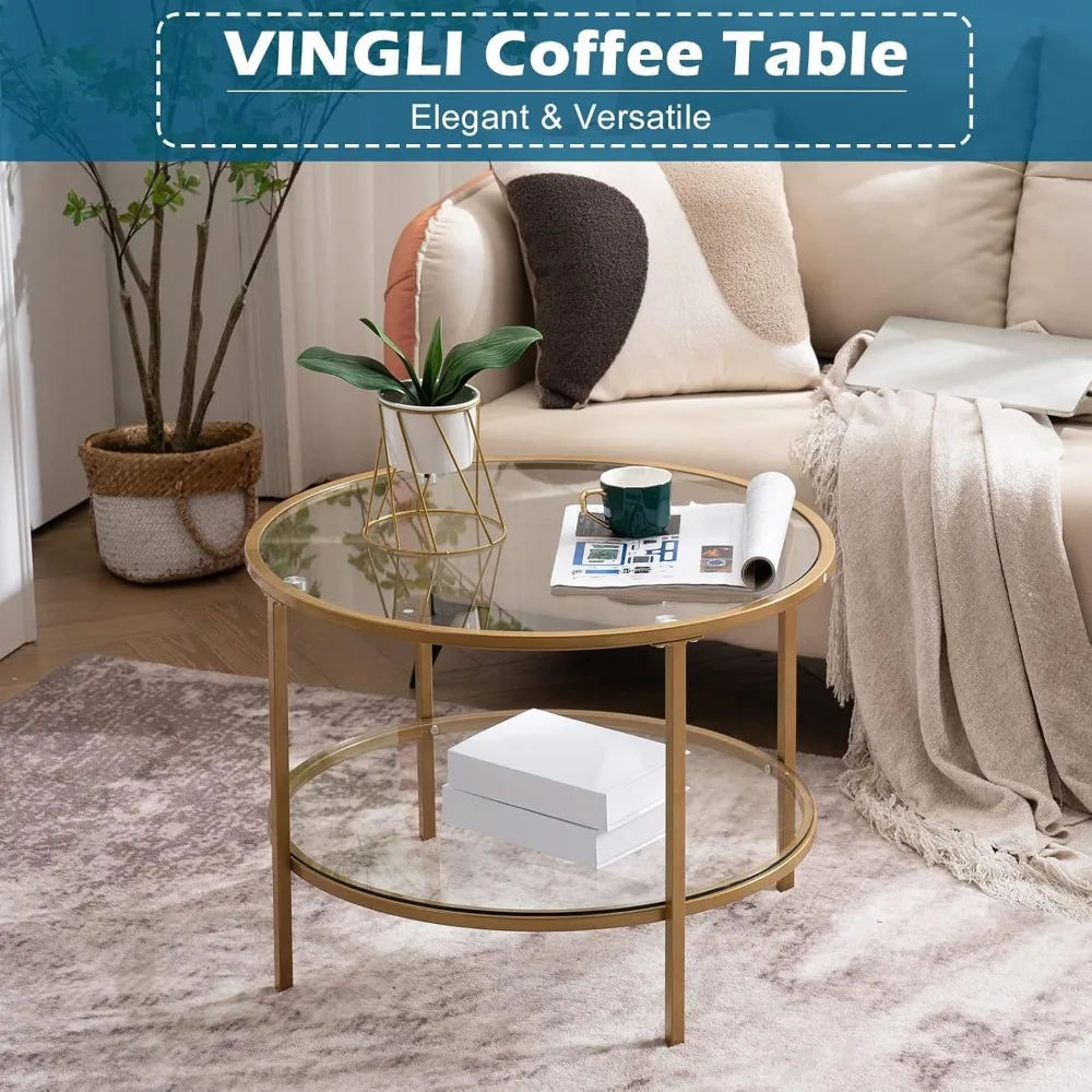 Round Gold Living Room Coffee Table with Storage Compartment Transparent Coffee, Simple Modern Medium Table for Small Spaces