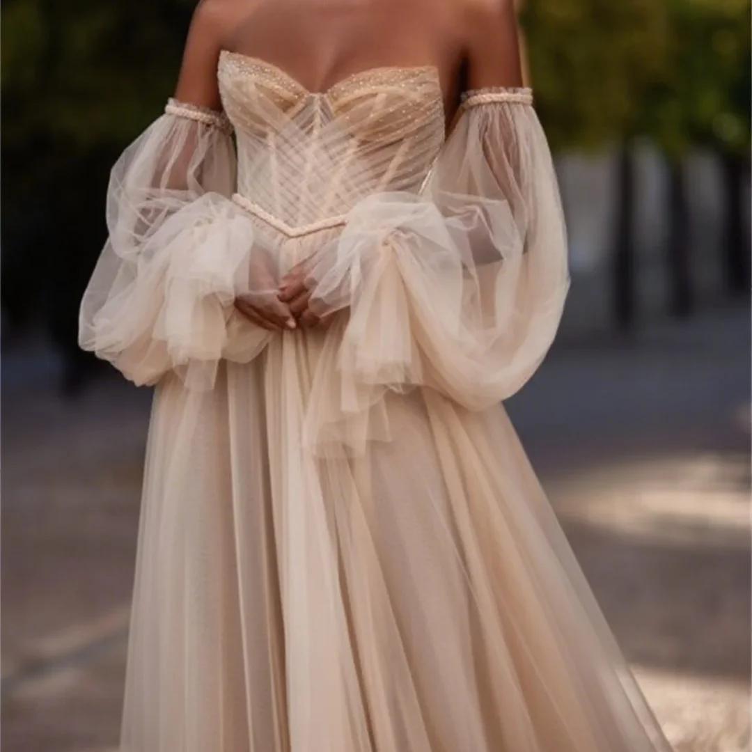 Elegant Puffy Sleeve A-line Wedding Dress Sexy Sequins Chest Puffy Sleeve Prom Gowns Customized
