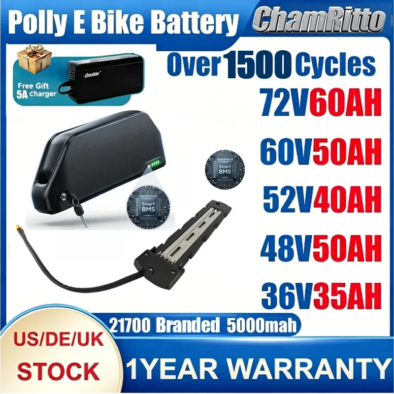 

Original 48V 60V 72V 40AH E bike Battery Polly Down tube 52V Electric Battery 60A BMS cham rider 21700 Lithium Lon Battery 2000W