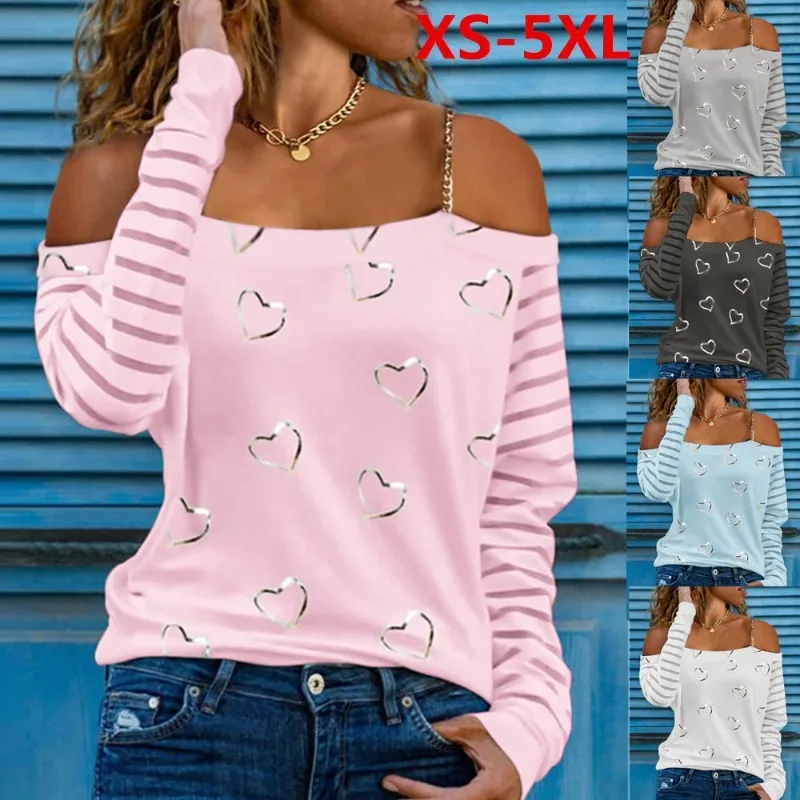 Nice Spring Autumn Fashion Women's Love Printed Long Sleeve Clothing Casual Strapless Halter Top Loose Bottoming Shirt Woman Tsh
