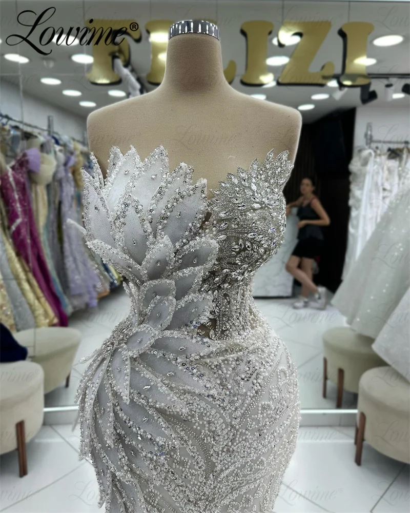 3D Leaf Designer Aso Ebi Crystals Mermaid Prom Dress Ivory Formal Party Second Reception Birthday Engagement Gowns Customized